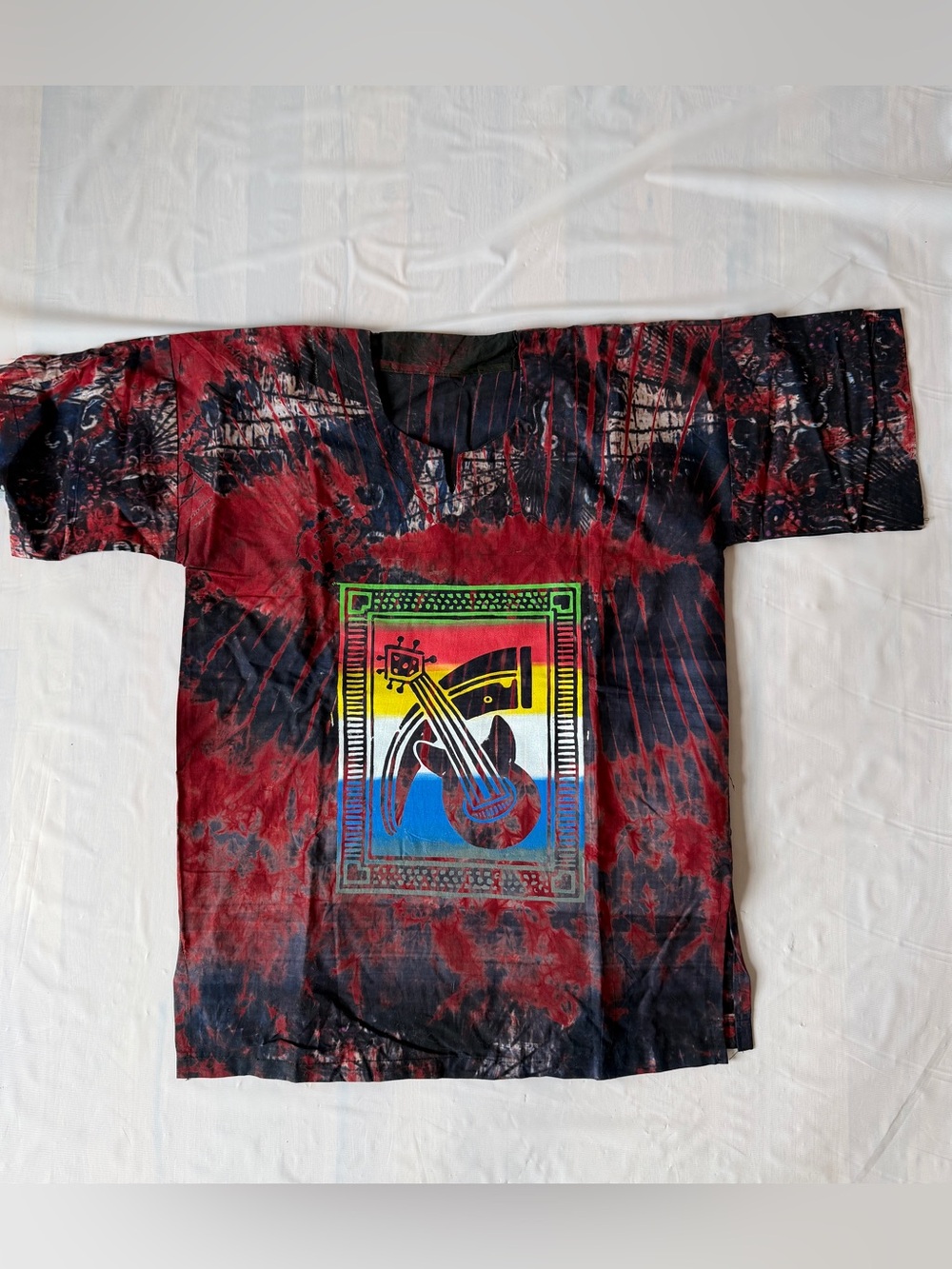 Tie Dye dashiki shirt red black rasta guitar graphic print hippie⁠ XL nWOT